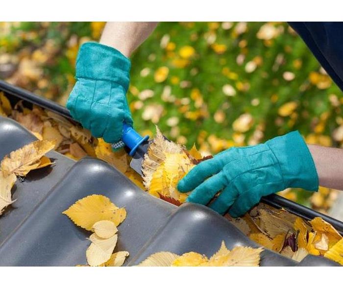 a gutter with leaves and two hands with blue gloves and a small shovel removing the leaves.