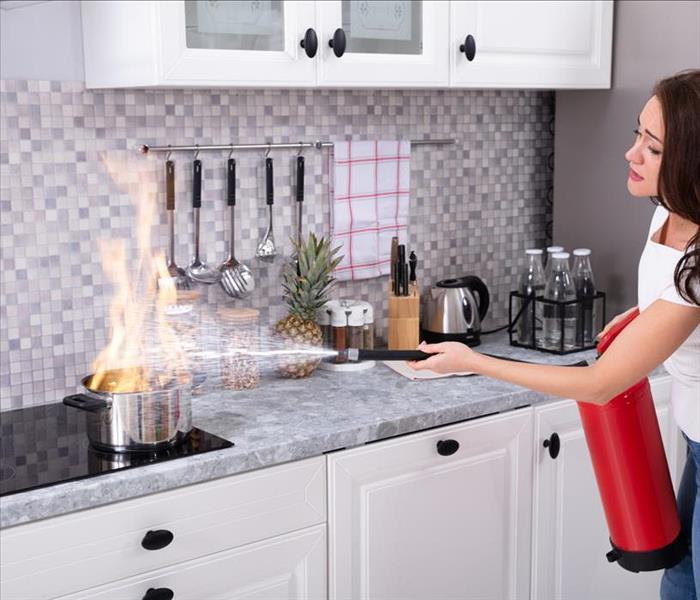 Image of a person putting out a kitchen fire